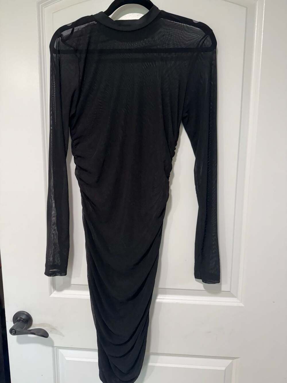 Y2K Goth Black Mesh Ruched Bodycon Dress Sheer Long Sleeve Clubwear Size L